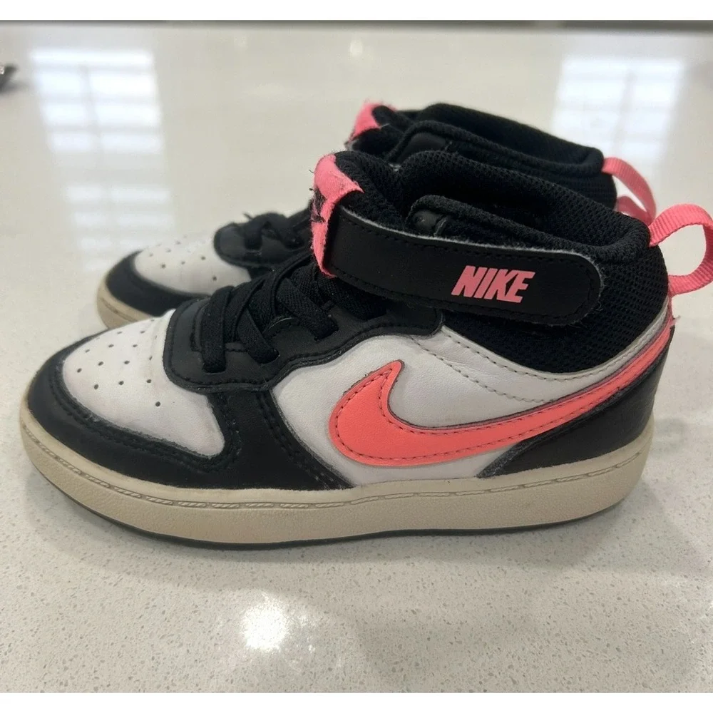 Nike Court Borough Mid 2 Kids 10C‎ High Top Sneakers Black White Pink Lace Up